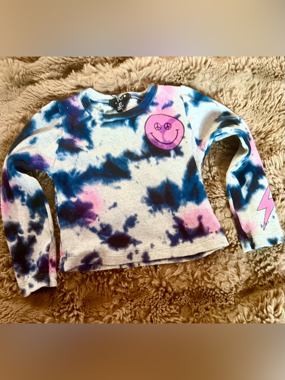 Flowers by Zoe Blue & Pink Tie-Dye Long Sleeve ThermalTee with Pink Smiley Face